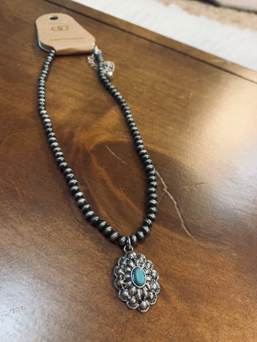 Silver Pendant Necklace with Teal Pearl